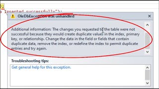 c# tutorial for beginners: fix error create duplicate values in the index, primary key in MS access.
