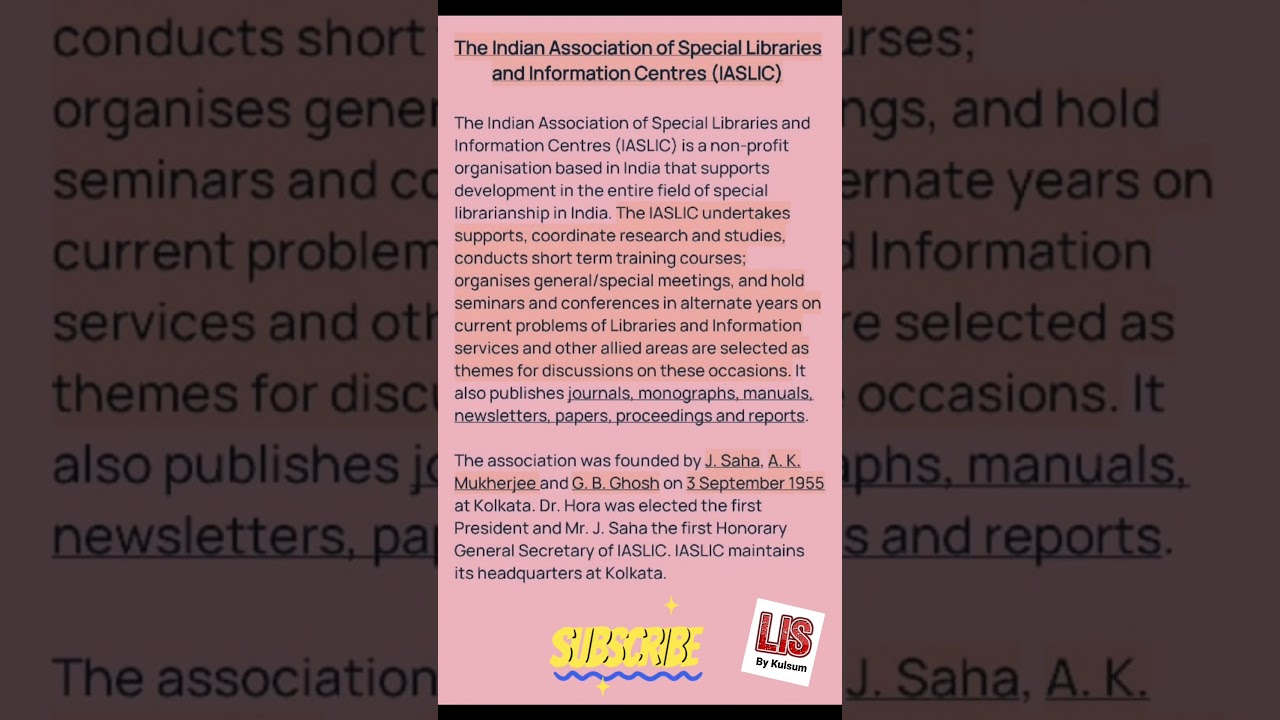 Define Indian Association of Special Libraries and Information Centres&nbsp;(IASLIC)?#library#lisbykulsum