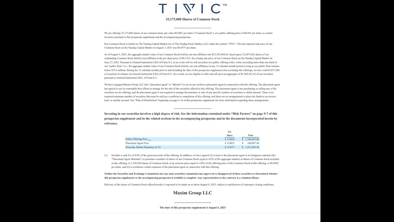 TIVC STOCK OFFERING