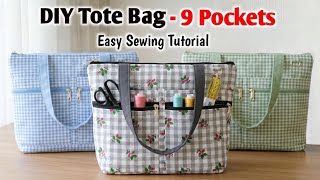 9 POCKETS - DIY TOTE BAG - Step By Step Easy Sewing Tutorial | Clothes Bag Cutting and Stitching