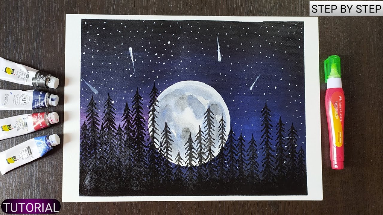 Full Moon Acrylic Landscape Painting . Art Nature / Masking Tape / for beginners / Step by step