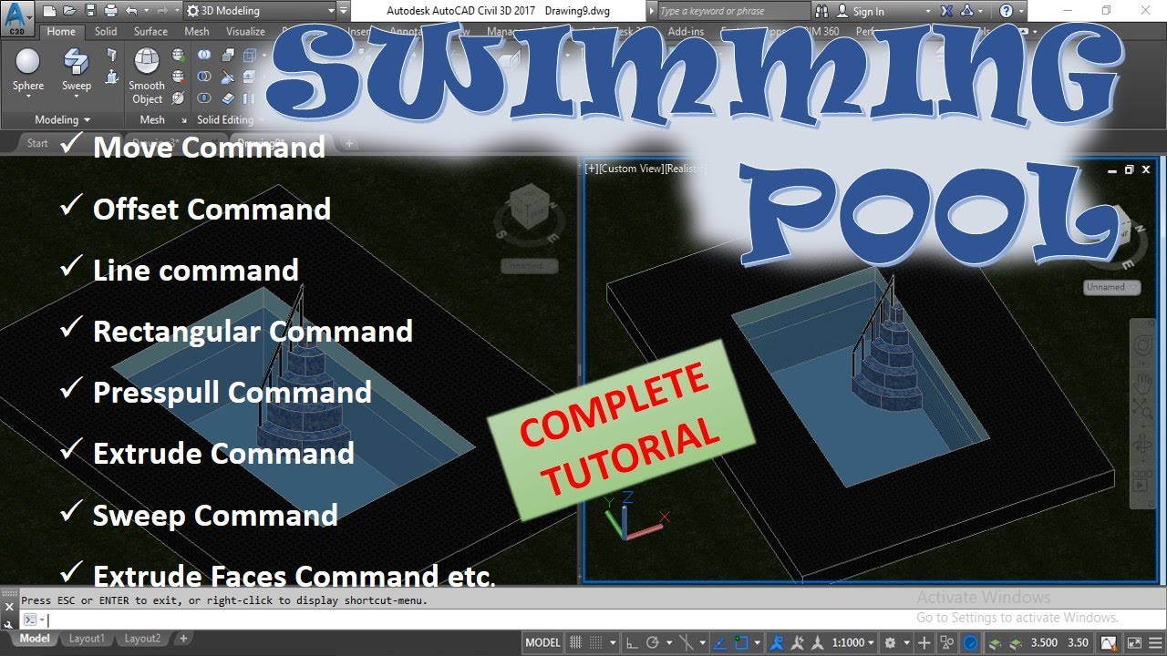 Autocad tutorial for beginners | Autocad 3d | Swimming pool design ideas | Autocad 3d basics