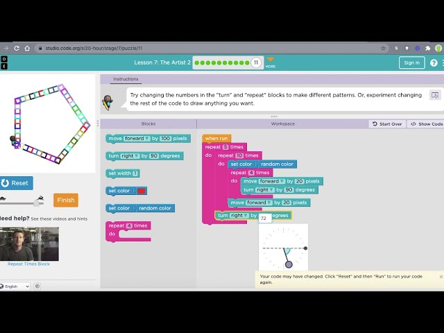 Solutions to: Code Studio Lesson 7 The Artist 2 1-11 class=