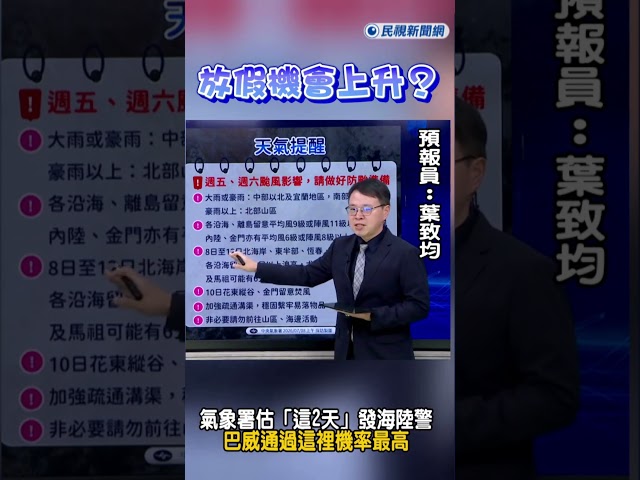 快新聞／放假機會上升！氣象署估「這2天」發海陸警：巴威通過這裡機率最高｜民視快新聞｜