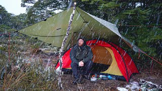 CAMPING in SNOW - Freezing Rain Storm - Tent Camping in the Rain