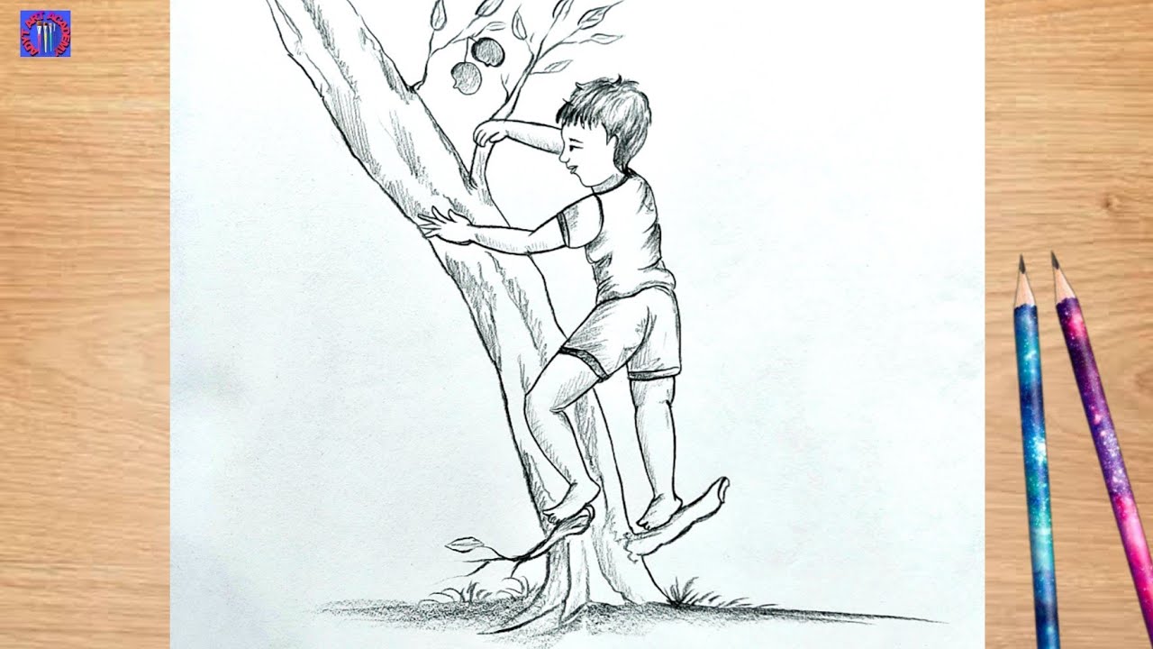 How to draw a boy climbing a tree