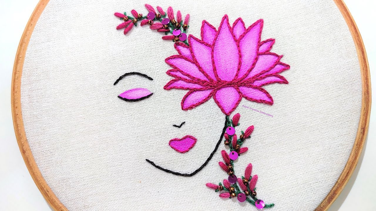 Girl Embroidery with Lotus Flower /Embroidery Hoop Art /Embroidery ...