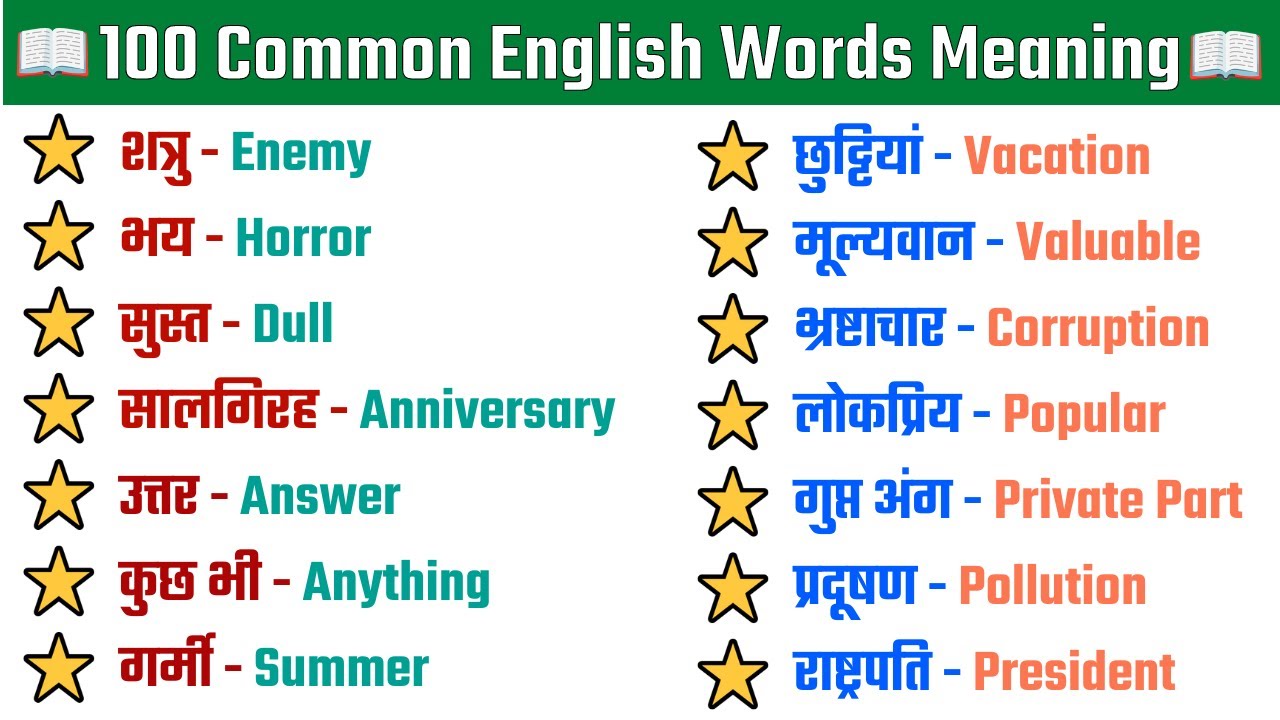 100 Common English Words with Hindi Meaning English Words meaning Practice Vocabulary Words
