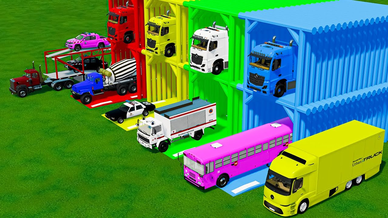 TRANSPORTING MERCEDES MINI BUS, VOLKSWAGEN POLICE, FORD POLICE, MERCEDES FIRE TRUCK TO GARAGE | FS22