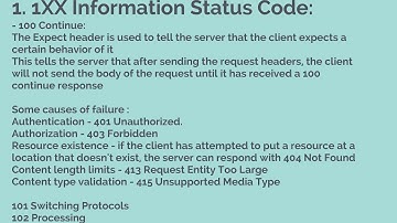 1.  1XX Information Status Code - 100 Continue, 101 Switching Protocols, 102 Processing