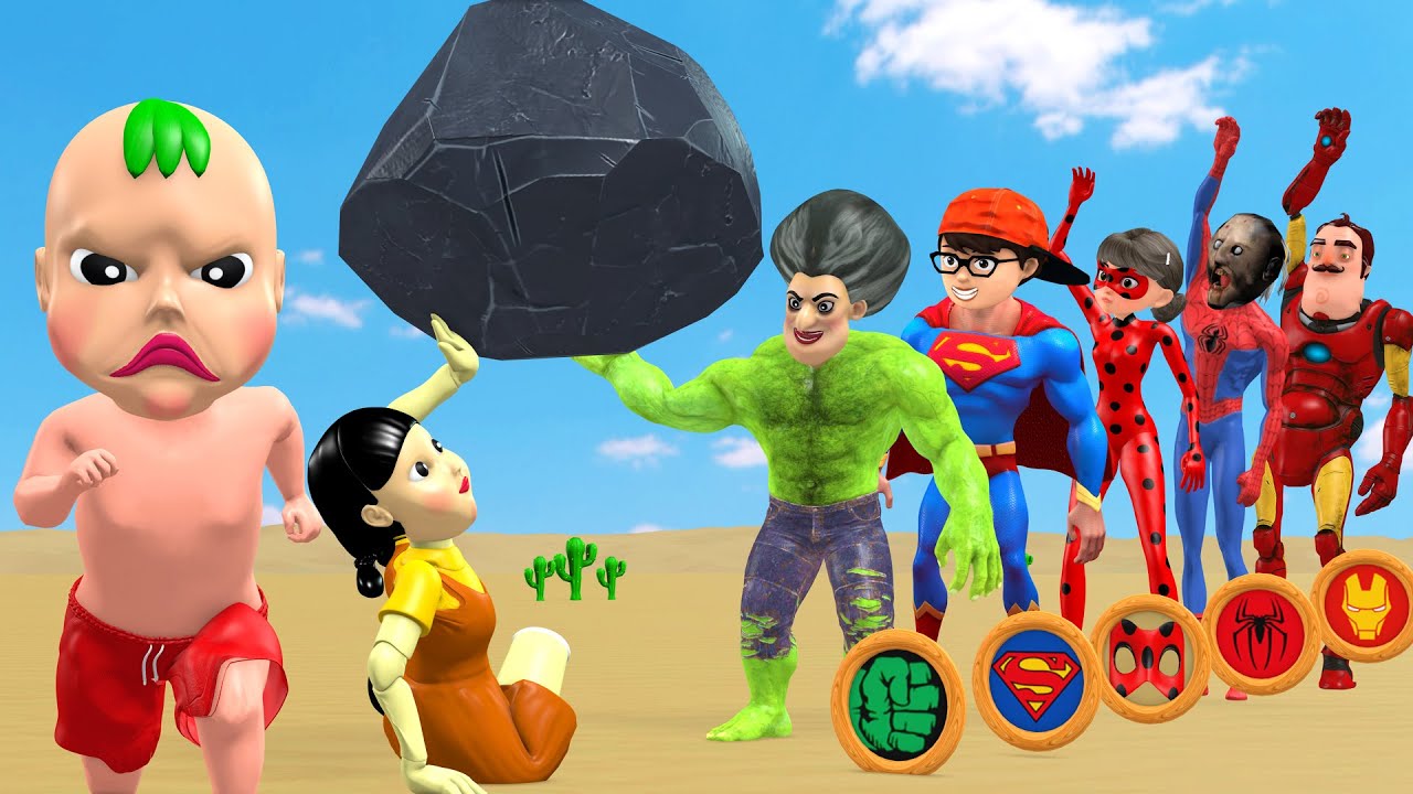 Игра «Учительница 3D против кальмара». Стань супергероем. Спаси куклу. Побег из падающих камней. ...