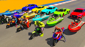 GTAV NEW Crazy Double Mega Ramps By Sport Cars, Motorcycle & Jet ski with Spiderman & Superheros mod