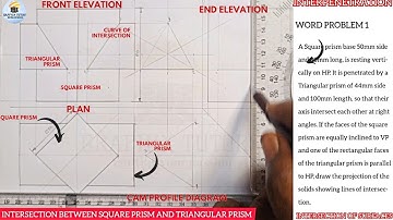 INTERPRETATION, INTERPENETRATION OF A SQUARE PRISM AND A TRIANGULAR PRISM IN TECHNICAL DRAWING.