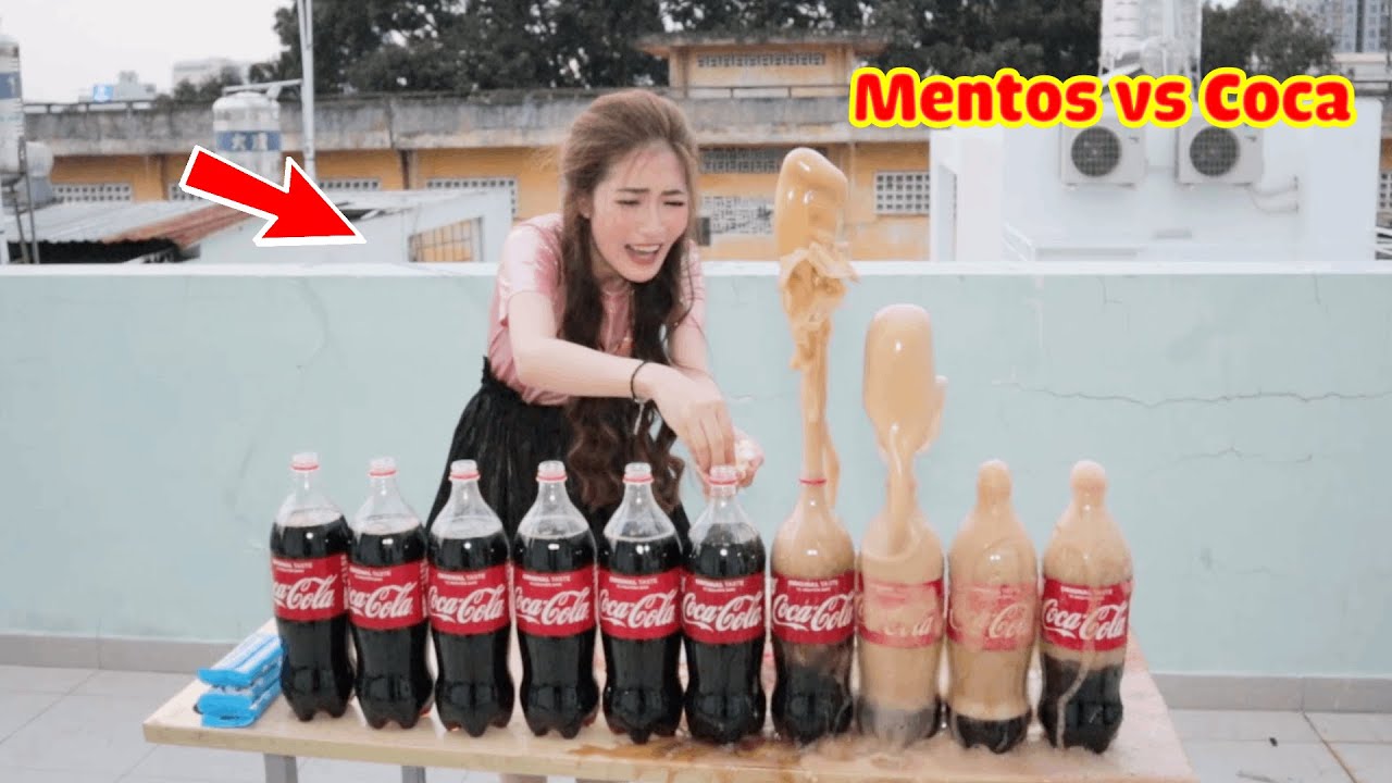 Bỏ kẹo Mentos vào nước ngọt siêu to khổng lồ - EXPERIMENT Mentos and Coca Cola with Meena !