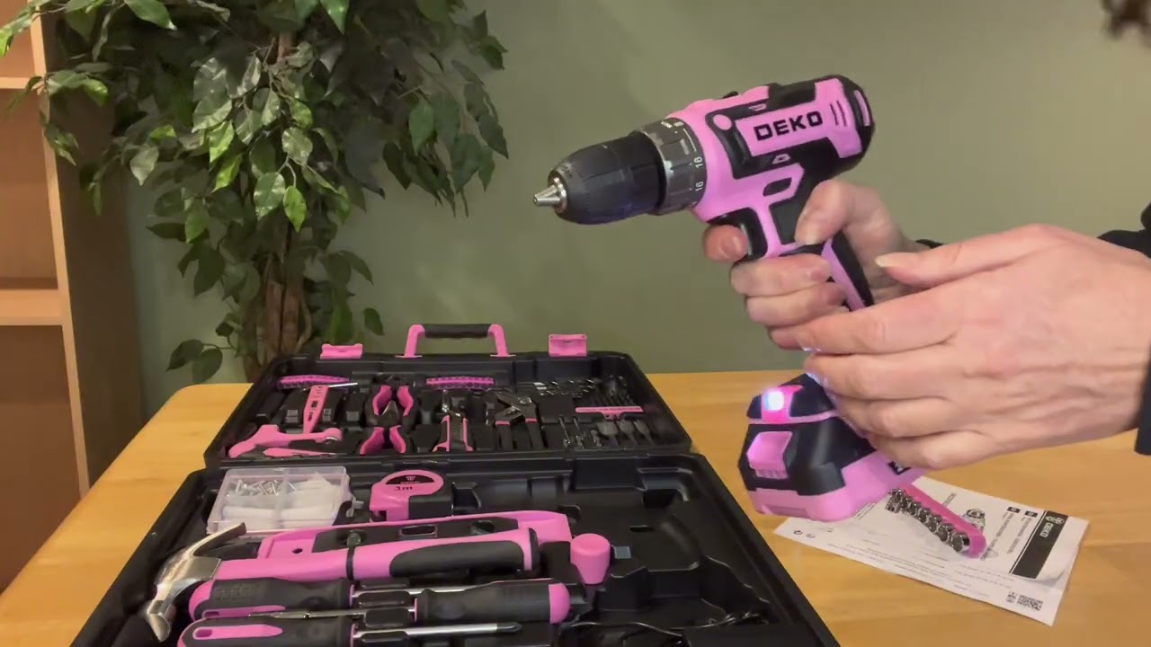 Pink Tool Box with 12V Power Drill and Hand Tools 