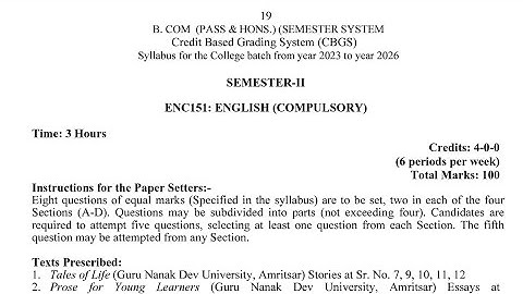 B.Com 2nd Semester English Compulsory Syllabus 2024 GNDU University | Bcom 2nd Semester Syllabus