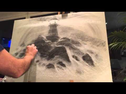 PJ Lynch drawing a dramatic light house scene in charcoal and chalk