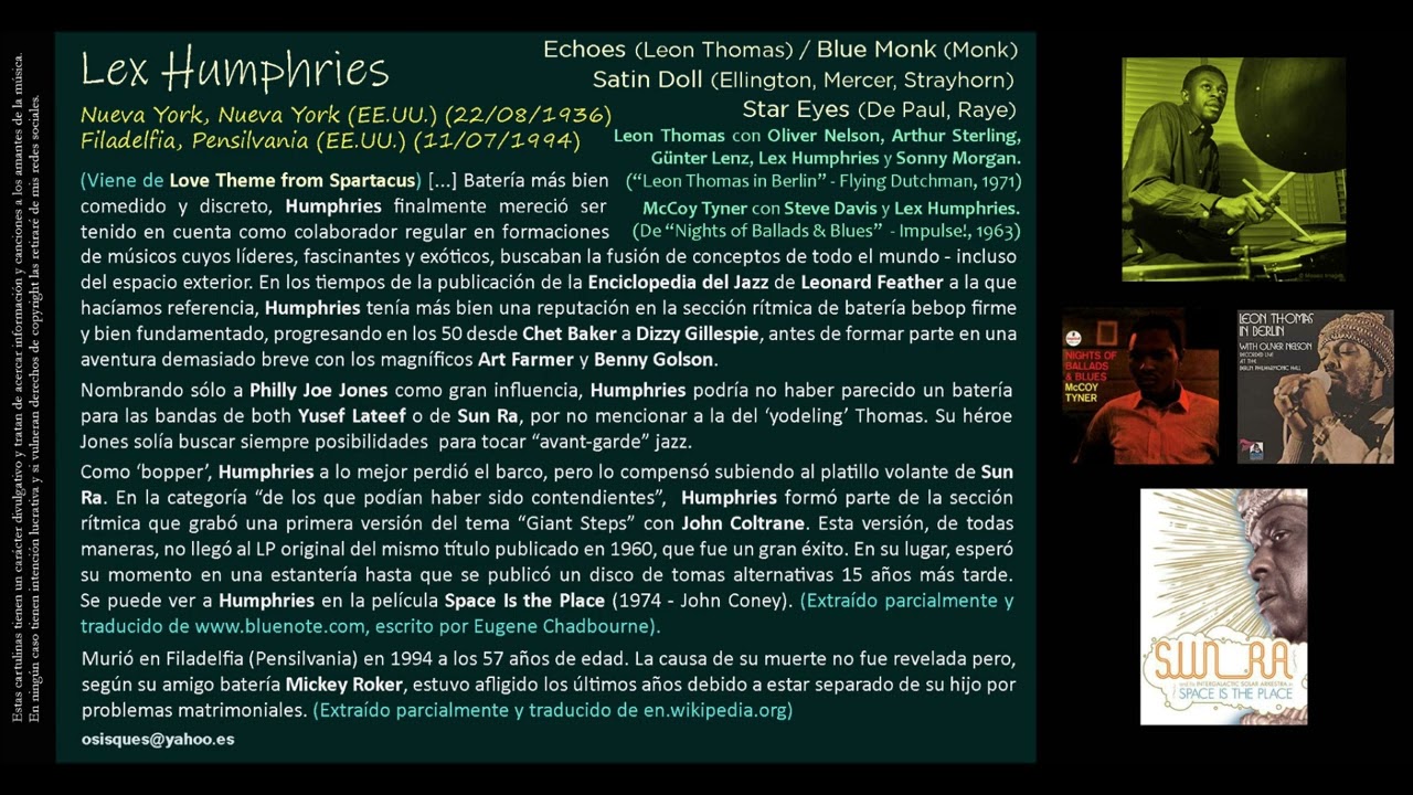 Lex Humphries (1936-1994) - Echoes (Thomas) / Blue Monk (Monk) / Satin Doll (Ellington, Mercer, ...)