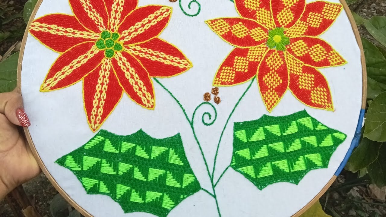 cómo bordar una hoja de nochebuena#33 p/ideal p/cualquier diseño entre flores, canasta,frutas, etc.