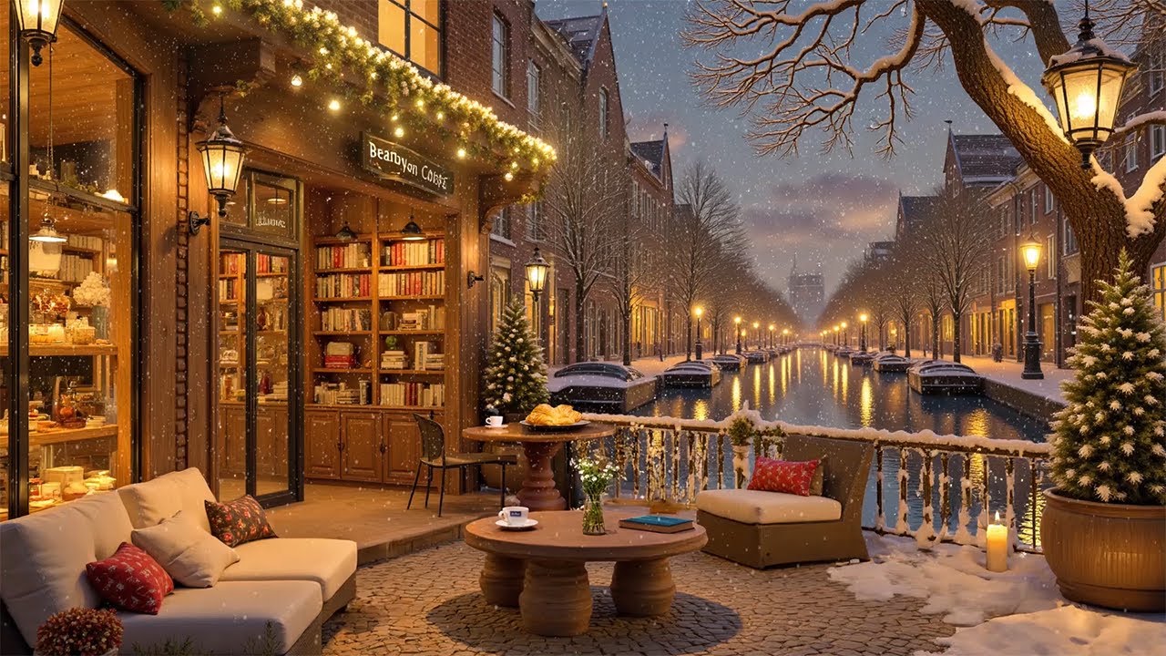 🎷 Smooth Jazz by the Winter Canal ☕ Cozy Café Night Ambience