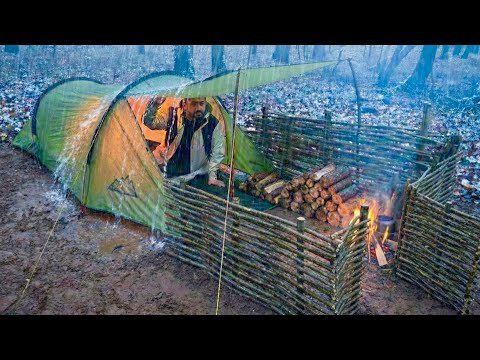 Winter Hot Tent Camping in Heavy Rain; Survival in the Wild. Caught in Rain. Bushcraft