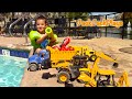 Construction Trucks at the Pool! Shark Toys & Bruder Truck Pretend Play for Kids | JackJackPlays