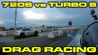 900HP Battle! McLaren 720S runs 9.6 1\/4 mile Drag Racing AND vs Porsche Turbo S Roll Race