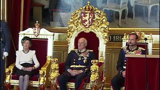 King Harald V of Norway reads the throne speech at state opening of parliament 2023