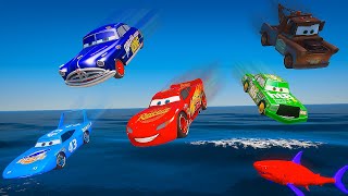 Pixar Cars Epic Sea Jump: McQueen Tow Truck Mater Doc Hudson Chick Hicks & The King vs Sea Monsters