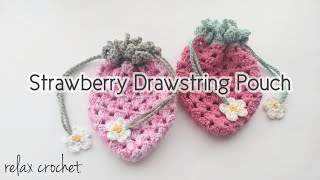 Strawberry drawstring pouch / Granny stitch drawstring bag