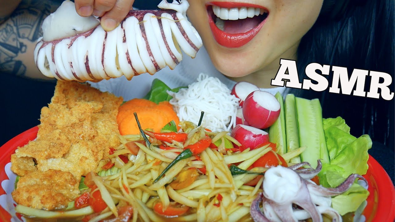 ASMR WHOLE SQUID SPICY PAPAYA SALAD + FRESH VEGGIES (EATING SOUNDS) NO TALKING | SAS-ASMR