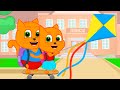 Cats Family in English - Flying Kite Pulling A Skateboard Cartoon for Kids