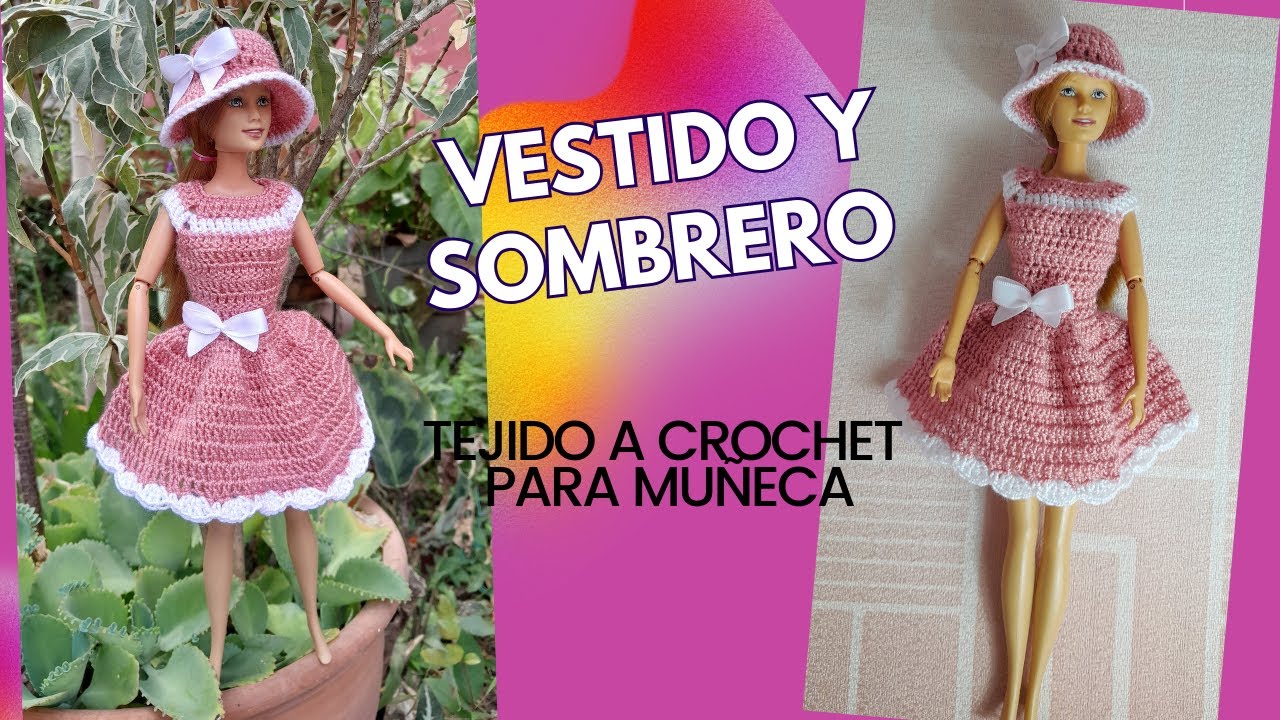 Como hacer un Vestido y Sombrero Rosado y Blanco Tejido a Crochet para Muñeca fácil.
