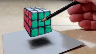 Drawing Floating Rubiks Cube - How To Draw 3D Rubiks Cube - Trick Art On Paper