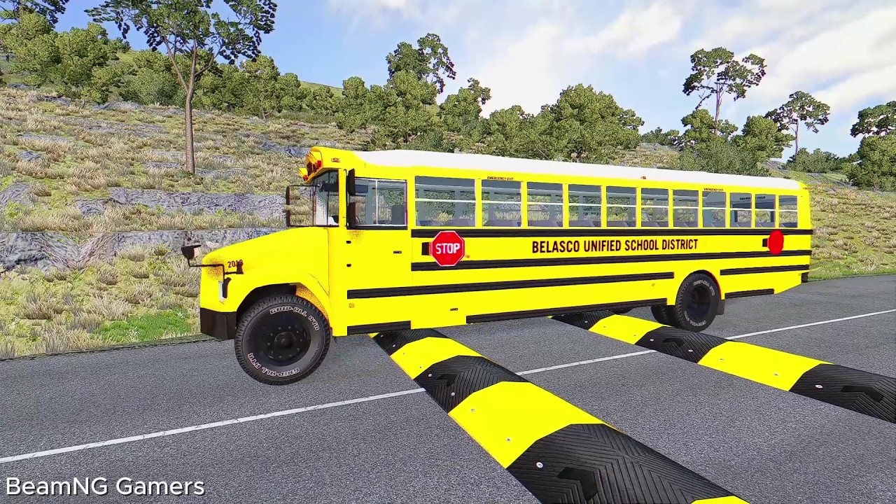 SCHOOL BUS, LONG BUS, TRUCKS Vs MASSIVE SPEED BUMPS - BeamNG.Drive