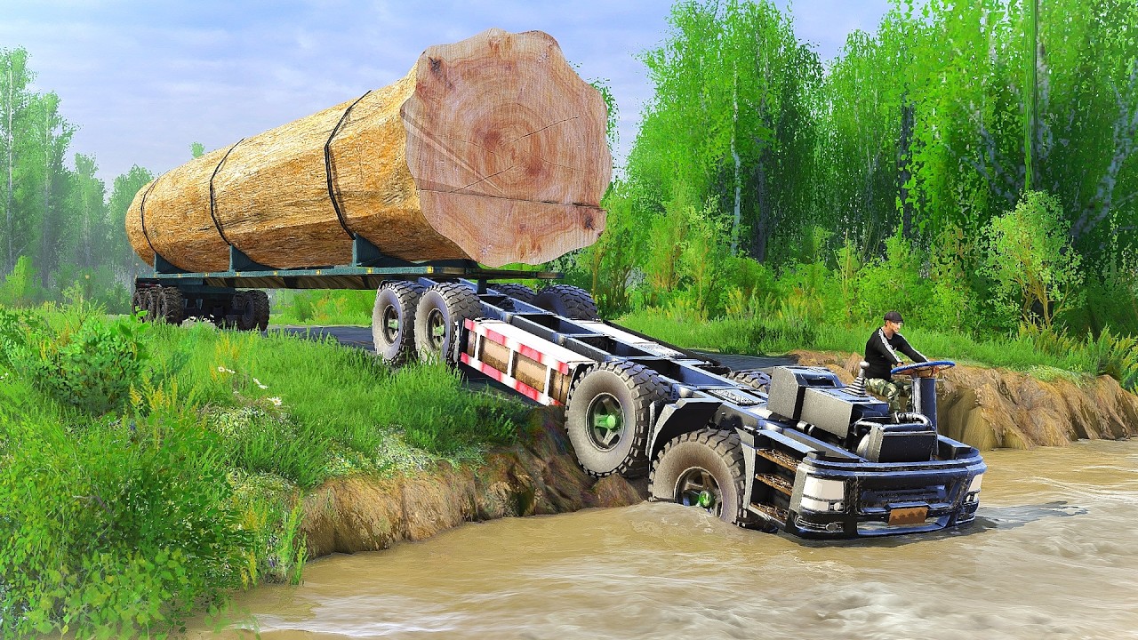 MASSIVE Logging Truck Transports GIANT Tree Through DEADLY River