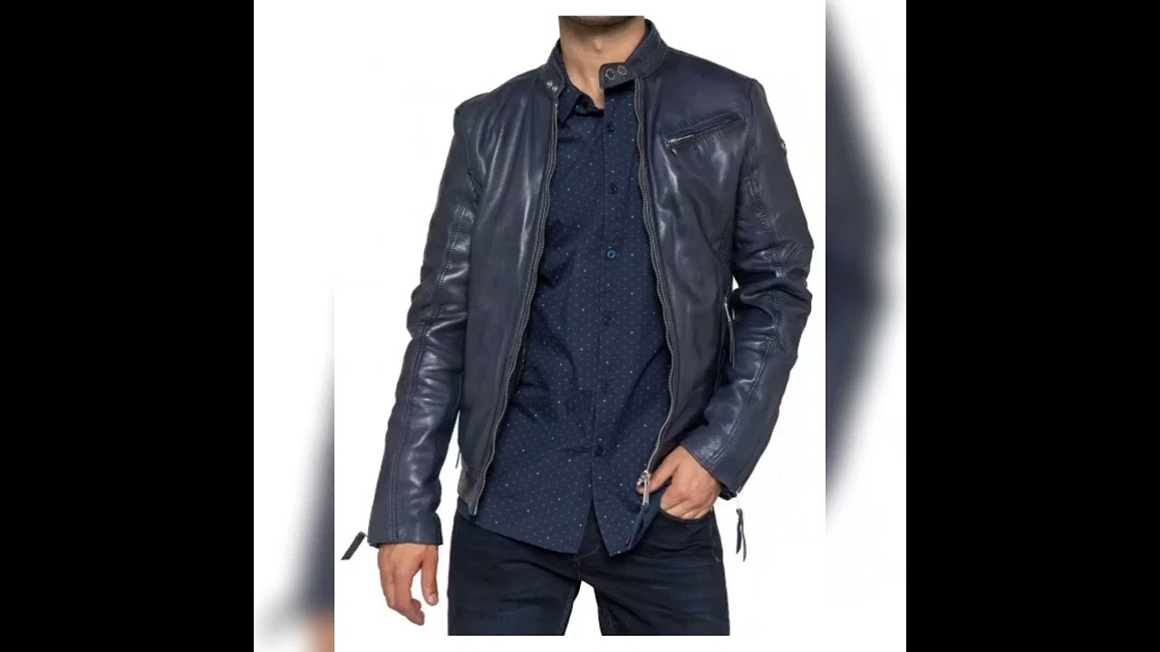 Men Country Look Navy Blue Leather Jacket | 100% Genuine Leather | ClamentCustomLeather