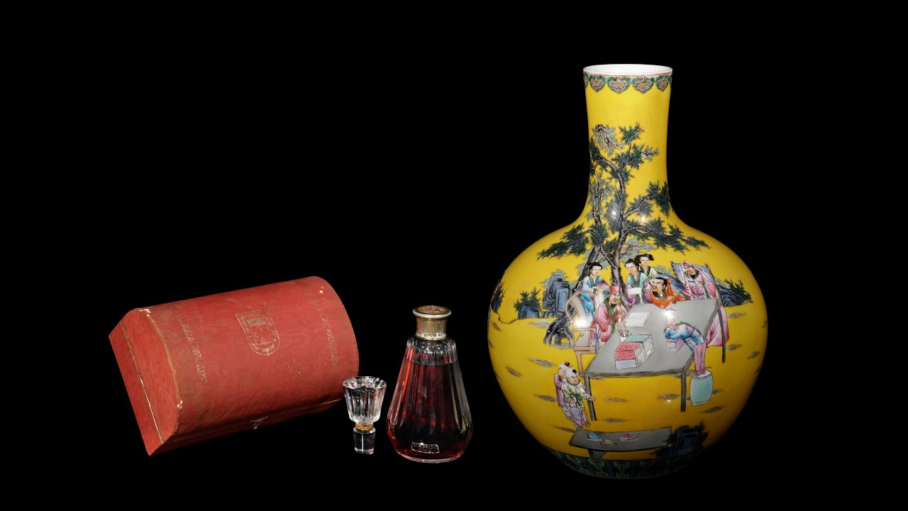 古陶瓷黃地粉彩歷史典故詩文天球瓶款大清乾隆 重8.9kg 內地絕對無法
