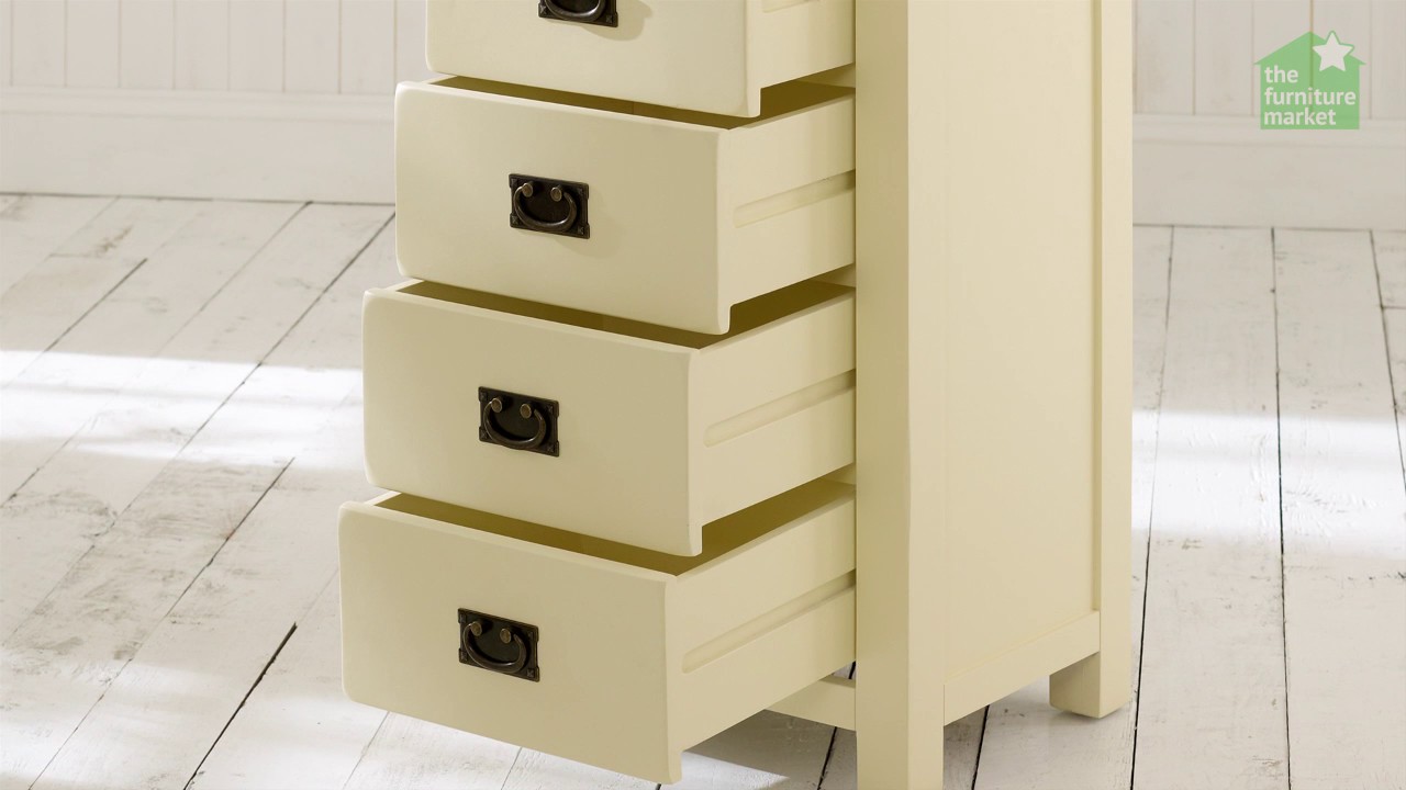 Cream Painted Rustic 5 Drawer Tallboy Chest Of Drawers With Oak