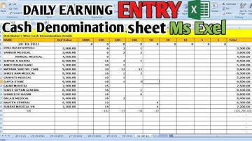 Daily earning entry cash denomination sheet | in Microsoft Excel |