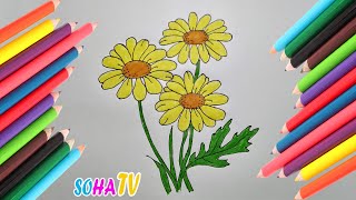 Bé tập vẽ và tô màu HOA CÚC VÀNG - How to drawing and coloring flowers