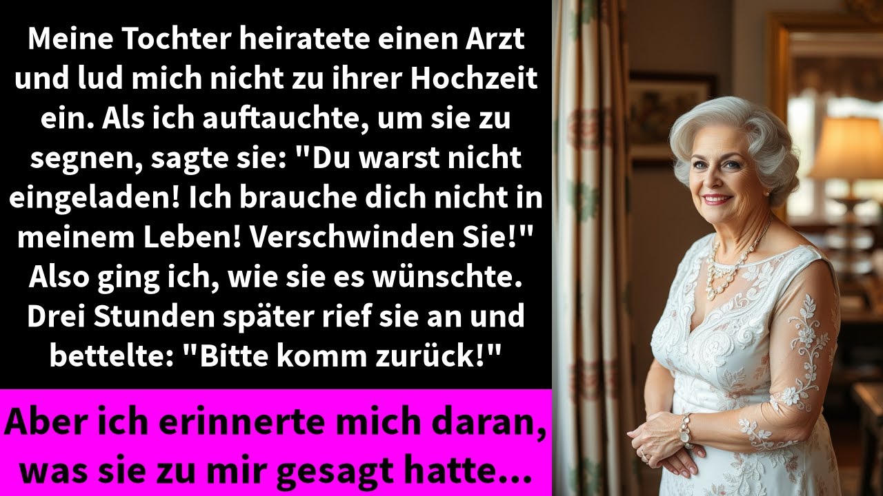 Im Brautkleid starrte mich meine Tochter an, als wäre ich eine Fremde. „Du bist so gut wie tot für mich“, zischte sie und stieß mich aus ihrem Brautzimmer. Ich war nur gekommen, um ihr zu...