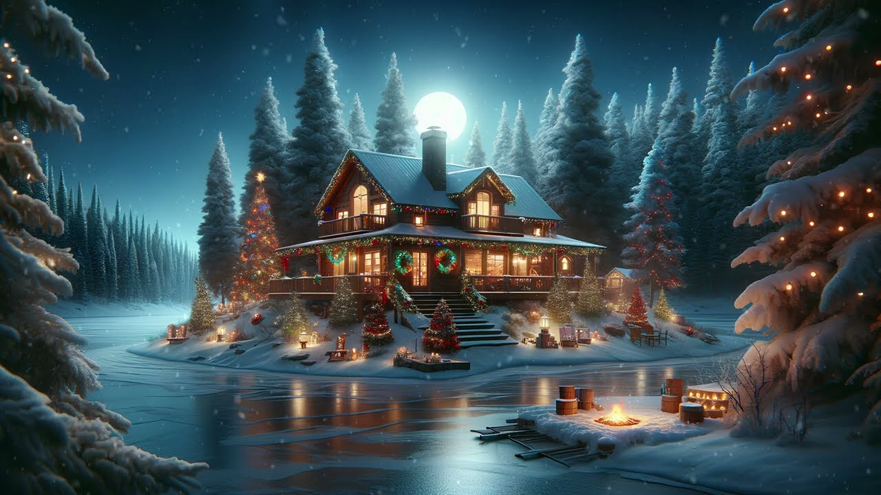 [4K] Snowy Christmas Lake House | Ambient Background | 3 Hours