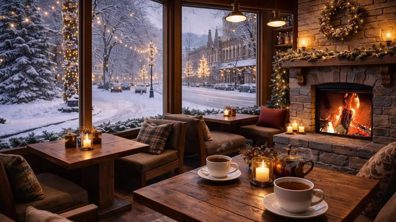 Christmas Jazz Coffee Shop 🎄☕ Smooth Jazz & Fireplace Ambience for Relax & Focus