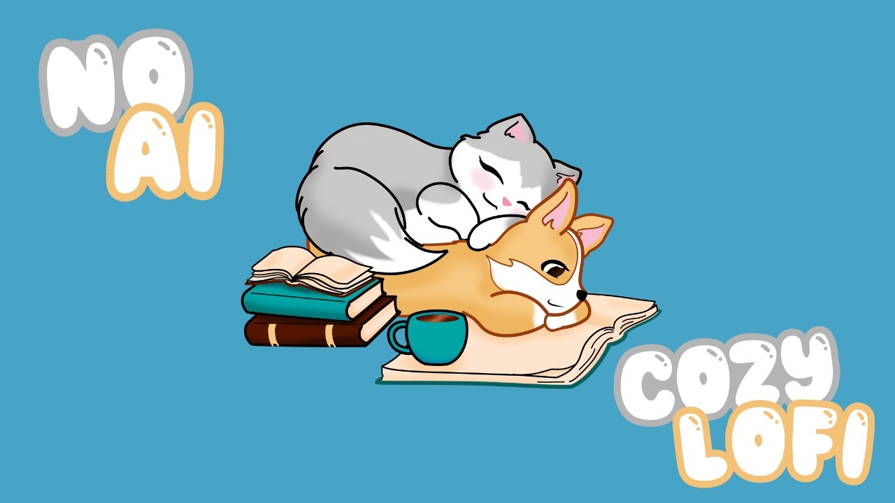 No AI 🚫 1 Hour of Cozy Beats 🎧  Animated Lofi ☕️ Cozy up with Kitty and Corgi, Coffee and Books  📚