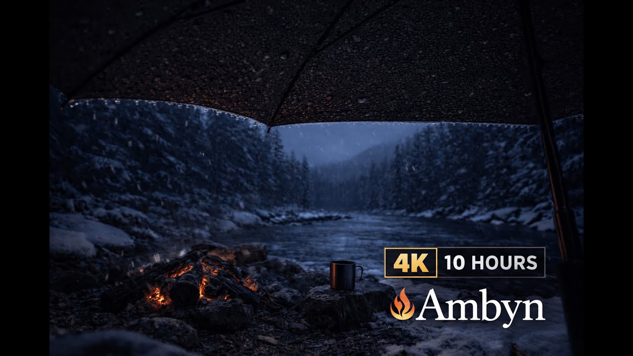 4K Cozy Cabin Ambience: Snowing Outside, Fireplace Crackling & River Sounds (10 Hours)