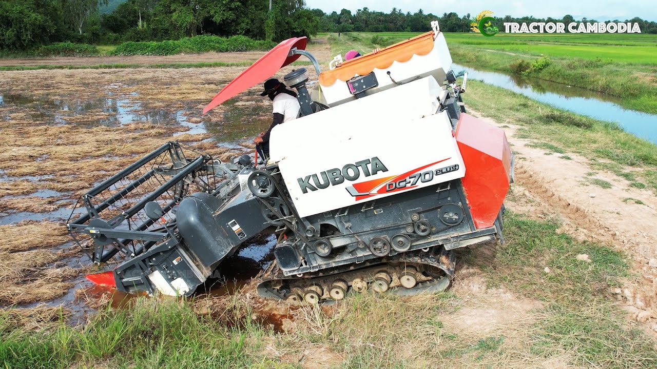 Incredible technique operating harvester working skills Difficult harvest rice farming paddy