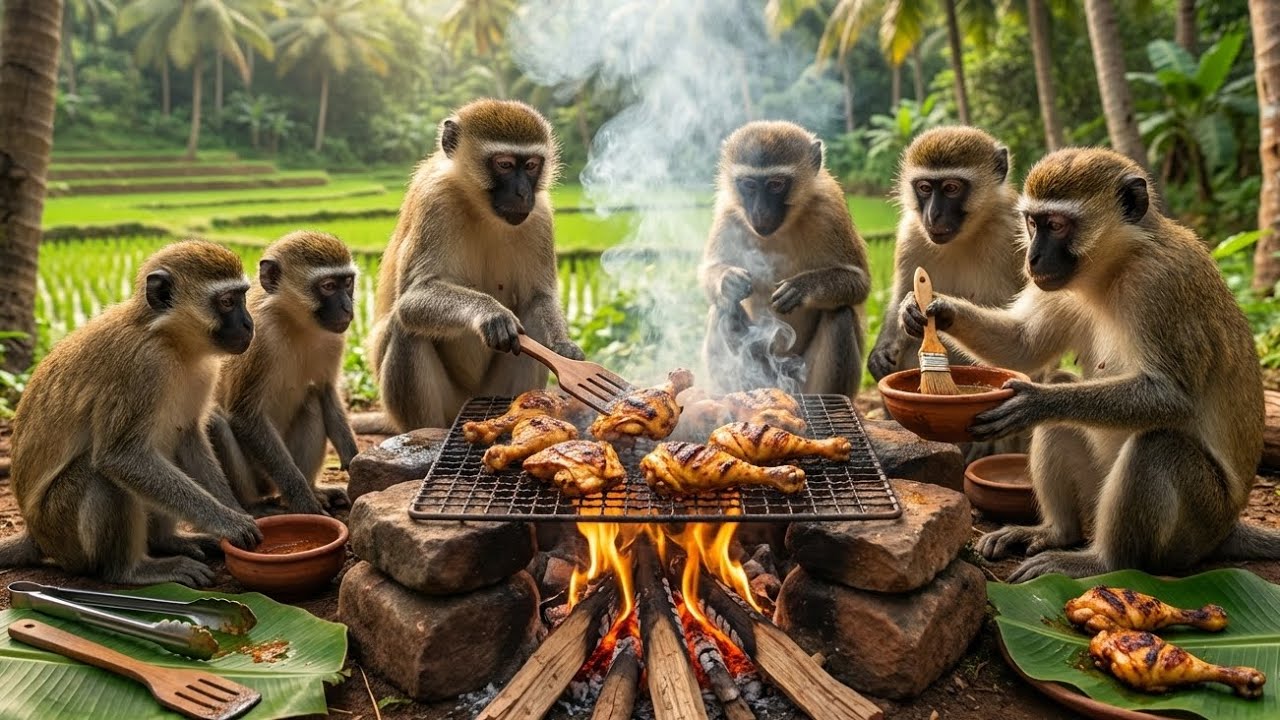Monkeys Cooking Grilled Chicken in Forest 🔥 | Indian Village Cooking Channel 