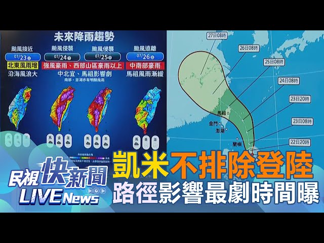 【LIVE】0722 凱米增強為中颱、中心恐擦邊東北角 氣象署最新颱風動態｜民視快新聞｜