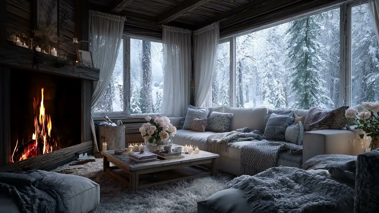 Snowy Forest Harmony: Soft Piano Music and Warm Cabin Fireplace for Deep Relaxation